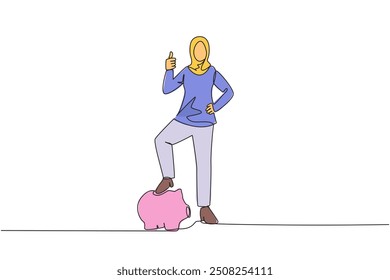 Single continuous line drawing Arab businesswoman with thumbs up pose and steps on piggy bank. Invitation to insure assets in the form of investments. Better life. One line design vector illustration