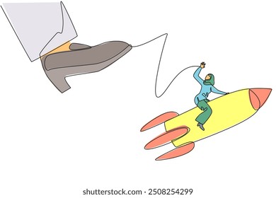 Single continuous line drawing Arab businesswoman riding rocket flies away from giant foot. Preparation opening new business when big obstacles stand in the way. One line design vector illustration