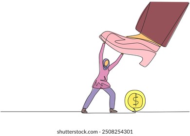 Single continuous line drawing Arab businesswoman holds back giant foot wants to step on coin with dollar symbol. Courageous action to resist arbitrary authority. One line design vector illustration