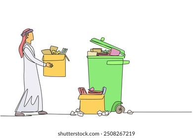 Línea continua única dibujando a un hombre de negocios árabe llevando una caja de cartón llena de pilas de papel a la basura. Cosas limpias que distraen la mente para centrarse en los negocios. Ilustración vectorial de diseño de una línea