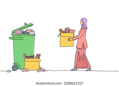 Single continuous line drawing Arab businesswoman carrying a cardboard box full of piles of paper to the trash. A clean work room will provide more enthusiasm. One line design vector illustration