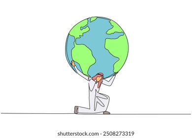 Single continuous line drawing Arab man kneels while cradling a globe. Do the best to protect earth. Do not litter. Do not carry out illegal logging. Save planet. One line design vector illustration