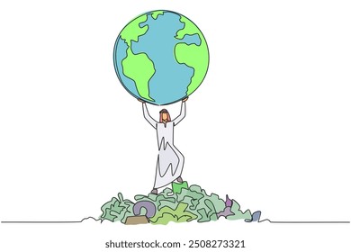 Single continuous line drawing Arab man raises globe with both hands. Keep earth free from scattered rubbish. Environmental care. Protect the earth. Love the earth. One line design vector illustration