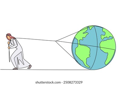 Single continuous line drawing Arab man pulls a globe. Struggle knows no fatigue. Play active role in preserving the earth. World environment day. Save the planet. One line design vector illustration