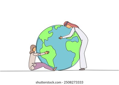 Single continuous line drawing Arab man and Arab woman hugging the globe in their own style. Protect the earth. Love the earth. Environmental care. For better air. One line design vector illustration