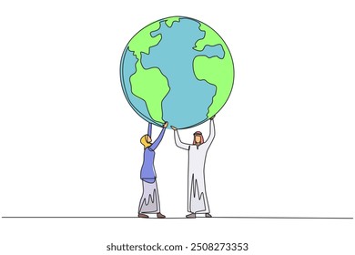 Single continuous line drawing Arab man and Arab woman hold up globe together with both hands. Teamwork makes missions easier. Protect the earth. Save the planet. One line design vector illustration