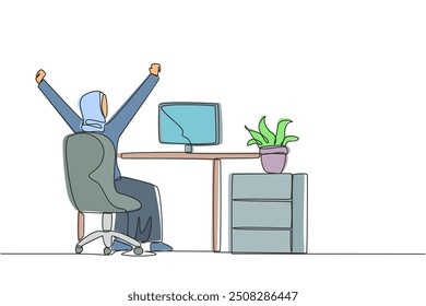 Single continuous line drawing Arab woman sit on chair opening and raising hands. Squirming raising hands up. Releasing fatigue. Stretching. Overtime on weekend. One line design vector illustration