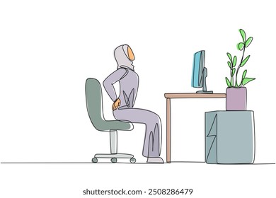 Single continuous line drawing Arab woman sitting in work chair with hands holding waist. Stretching. Too focused and rarely drinking, makes feels stiff. Hectic. One line design vector illustration