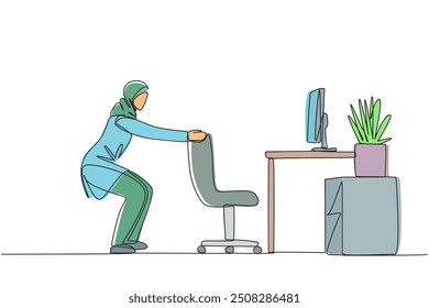 Single continuous line drawing Arab woman stands with a slight bend and both hands hold the top of chair. Stretching. Exercise trains balance and breathing. Focus. One line design vector illustration