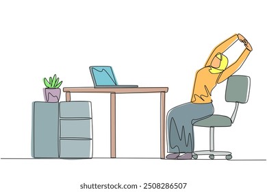 Single continuous line drawing Arab woman sitting in work chair while raising both hands. Squirming. Need relaxation. Complete reports on time. Overtime on weekend. One line design vector illustration