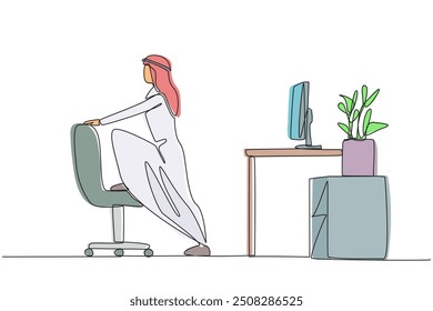 Einzelne durchgehende Linie Zeichnung arabischen Mann steht, während eines seiner Beine auf einen Stuhl heben. Strecken Sie die Beine. Vermeiden Sie leichte Verletzungen am Fuß. Übung und Arbeit. Vektorgrafik mit einzeiligem Design