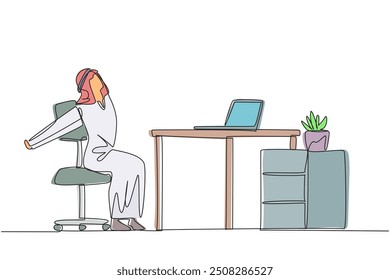 Single continuous line drawing Arab man sitting in work chair stretching arms behind back. Stretching. Squirming. Decided to rest for a while. Overtime on weekend. One line design vector illustration