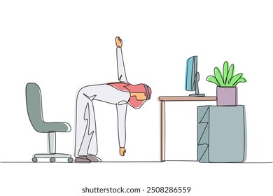 Single continuous line drawing Arab man stands with one hand raised the other hand holding tip of leg. Stretching. Take advantage of free time for light exercise. One line design vector illustration