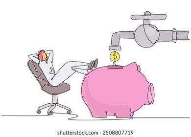 Single continuous line drawing Arab businessman sit relax on chair to see money faucet flow into savings piggy bank. Financial freedom. Guaranteed finances. Profit. One line design vector illustration