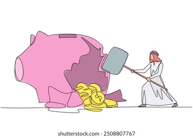 Línea continua única que dibuja el hombre de negocios árabe golpeó la hucha grande con el martillo grande hasta que se agrietó. Monedas esparcidas. Problema financiero. No siempre es rentable. Ilustración vectorial de diseño de una línea