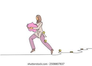 Eine einzige durchgehende Linie, die arabische Geschäftsfrau zeichnet, die ein Sparschwein mit Münzen herumträgt. Investitionen können nicht scheitern. Speichern Sie wichtige Unternehmenswerte. Vektorgrafik mit einzeiligem Design