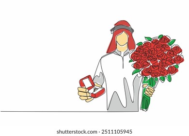 Linha única contínua desenhando homem árabe vestido perfeitamente com roupão carregando um buquê de flores e uma caixa de anel. Aproximando-se para propor casamento. Dia Nacional da Proposta. Ilustração de vetor de design de uma linha