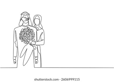Single continuous line drawing an arab woman standing behind an arab man while covering his eyes with her hands. Romantic place to celebrate happiness. Surprise. One line design vector illustration