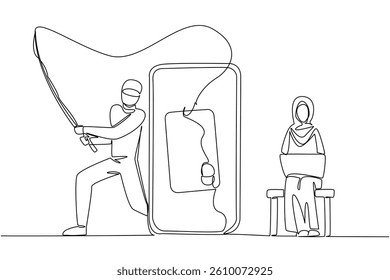 Single continuous line drawing an arab woman sits typing on laptop and thief hides fishing for credit cards. Busy by thieves. National Senior Fraud Awareness Day. One line design vector illustration