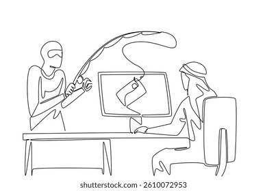 Single continuous line drawing arab man typing and thief fishing for credit card. Competing security levels. Lack of agility. National Senior Fraud Awareness Day. One line design vector illustration