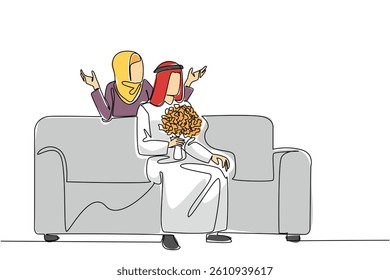 Single continuous line drawing an arab woman standing behind an arab man sitting on sofa holding bouquet of flowers. End the day with something beautiful. Surprise. One line design vector illustration