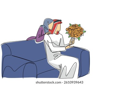 Single continuous line drawing  an arab man sitting on sofa holding bouquet of flowers. Maintaining household harmony. True happiness. Always comfortable. Surprise. One line design vector illustration