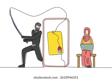 Single continuous line drawing an arab woman sits typing on laptop and thief hides fishing for credit cards. Busy by thieves. National Senior Fraud Awareness Day. One line design vector illustration