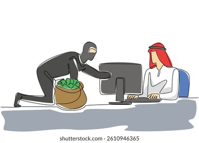 Single continuous line drawing arab man typing and thief putting money into money bag. Fatal system weakness. Hacking accounts. National Senior Fraud Awareness Day. One line design vector illustration