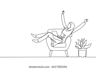 Single continuous line drawing arab woman sits on a sofa with her legs and arms up and a laptop on her stomach. Gesture of happiness. National Work From Home Day. One line design vector illustration