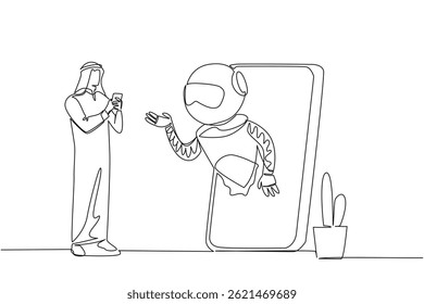 Single continuous line drawing Arab man stands holds smartphone and robot comes out of large smartphone. Help from technology. International Virtual Assistants Day. One line design vector illustration