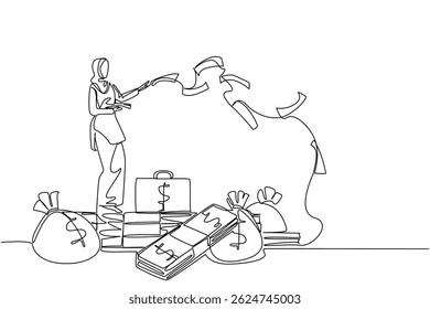 Single continuous line drawing Arab woman stands on pile of banknotes and money bag throwing banknotes. Be very wasteful. Forgot to invest. Be a Millionaire Day. One line design vector illustration