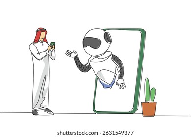 Single continuous line drawing Arab man stands holds smartphone and robot comes out of large smartphone. Help from technology. International Virtual Assistants Day. One line design vector illustration