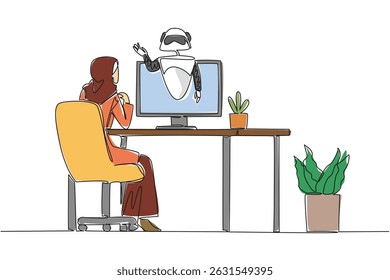 Uma única linha contínua desenhando mulher árabe senta-se de frente monitor que sai do robô na mesa de trabalho. Pergunte à IA sobre o trabalho. Ajuda. Dia Internacional dos Assistentes Virtuais. Ilustração de vetor de design de uma linha