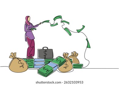 Single continuous line drawing Arab woman stands on pile of banknotes and money bag throwing banknotes. Be very wasteful. Forgot to invest. Be a Millionaire Day. One line design vector illustration