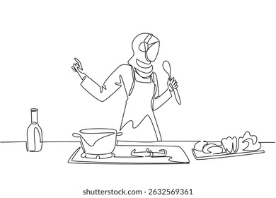 Desenho de linha contínua única mulher árabe usar um avental e fones de ouvido cozinhar enquanto canta segurando uma concha. Dois hobbies de cada vez. Chef. Dia Nacional da Canção. Ilustração de vetor de design de uma linha