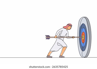 Single continuous line drawing Arab businessman hold arrow in hand to target, achievement goal. Aim in business concept. Aspirational people. Mission achieved. One line draw design vector illustration