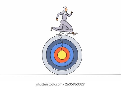 Single continuous line drawing Arab businesswoman move forward with goals. Female running on target. Business competition to success. Marketing career. One line draw graphic design vector illustration