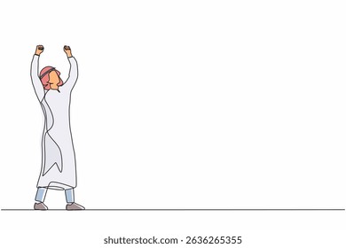 Single continuous line drawing Arab businessman standing and raising hands or arms. Successful male. Career goal. Victory sign or symbol. Winner pose. One line draw graphic design vector illustration