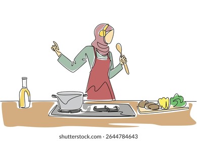 Desenho de linha contínua única mulher árabe usar um avental e fones de ouvido cozinhar enquanto canta segurando uma concha. Dois hobbies de cada vez. Chef. Dia Nacional da Canção. Ilustração de vetor de design de uma linha