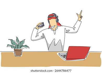 Desenho de linha contínua única Homem árabe usa fones de ouvido sits cantar segurar xícara de papel de café como microfone. Cantando o mais alto possível para aliviar a fadiga National Sing Out Day. Ilustração de vetor de design de uma linha