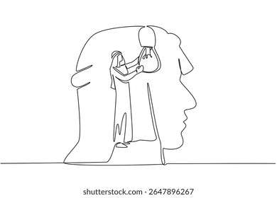 Single continuous line drawing Arab man installs big bulb inside silhouette of big head. Symbol of caring for the health of creative mind. National Creativity Day. One line design vector illustration