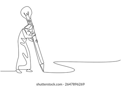 Uma linha contínua desenhando árabe homem escreve usando lápis grande com lâmpada no final. As melhores ideias perfeitamente copiadas através da escrita. Dia Nacional da Criatividade. Ilustração de vetor de design de uma linha
