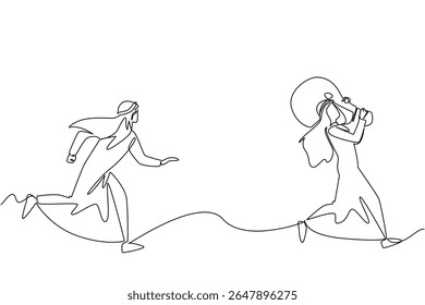 Single continuous line drawing Arab businessman chases a man running with a light bulb. Attempt to catch a criminal. Plagiarism. Copyright. National Creativity Day. One line design vector illustration