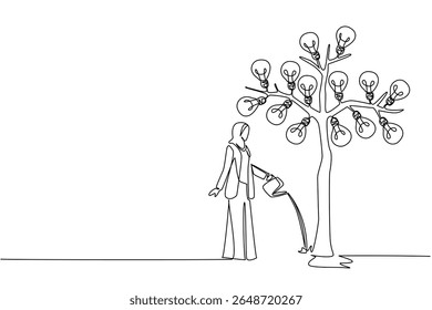 Single continuous line drawing Arab businesswoman waters a big tree bearing light bulbs with watering can. Real action to care for an idea. National Creativity Day. One line design vector illustration