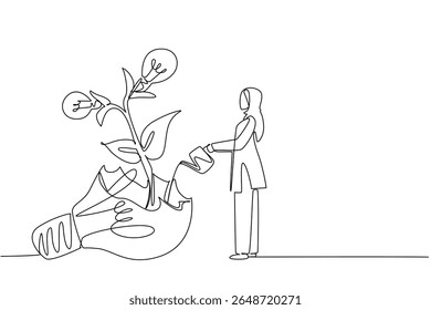 Linha única contínua desenhando mulher árabe águas planta com fruto de lâmpada crescendo a partir do interior quebrado lâmpada. A sabedoria do fracasso. Dia Nacional da Criatividade. Ilustração de vetor de design de uma linha