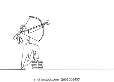 Single continuous line drawing Arab businessman archery arrow with lightbulb tip, one foot rest on pile of coins. Aiming for more profits. National Creativity Day. One line design vector illustration