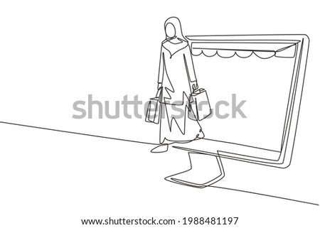 Single continuous line drawing Arab woman coming out of canopy monitor screen holding shopping bags. Digital lifestyle and consumerism concept. Dynamic one line draw graphic design vector illustration