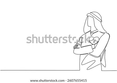 Single continuous line drawing Arab man wearing turban crosses his arms in front of his chest. Work life balance. Healthy. National Employee Health and Fitness Day. One line design vector illustration
