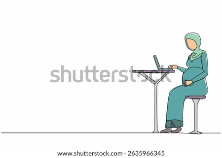 Single continuous line drawing Arab pregnant woman sitting in cafe and using laptop. Freelance work concept. Side view. Theme of working as freelancer during pregnancy. One line graphic design vector