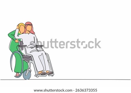 Single continuous line drawing Arab man sitting in wheelchair while wife standing behind and hugging him. Woman supporting husband during rehabilitation. Relationship concept. One line design vector